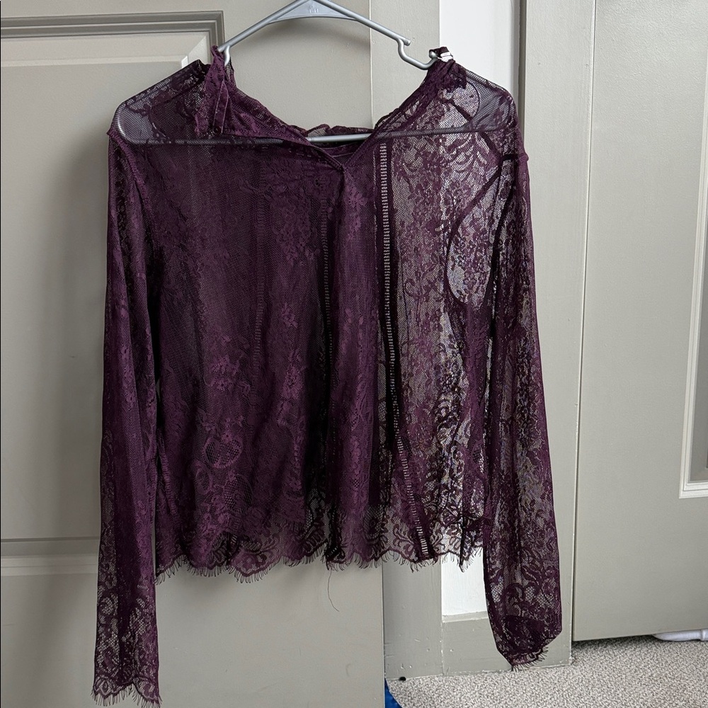 Sheer Plum Lace Long-Sleeve Top
